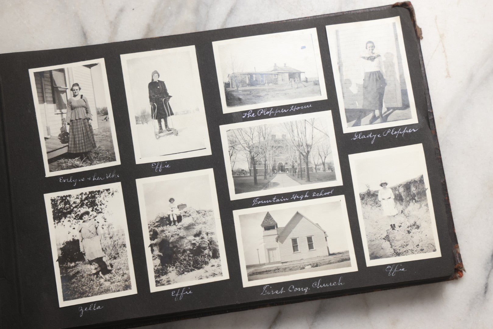 Lot 025 - Antique Snapshot Photo Album Gifted To Zella On Christmas 1916 With 1750+ Photos Of Midwest And Western Scenes Including Telluride & Greeley Colorado, Farm Life, Animals, Automobiles, Oil Wells, Early Aviation, And WWI Soldiers, 1916–1920