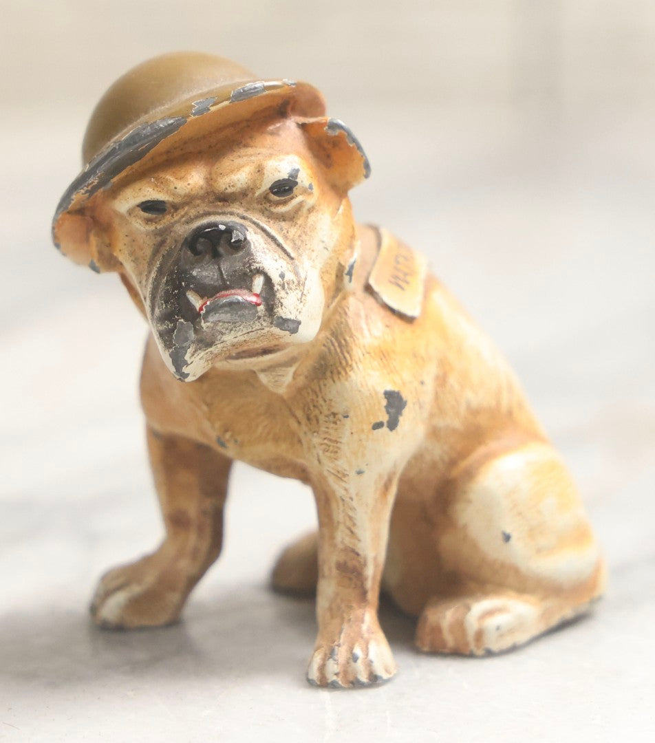 Lot 027 - Antique Cold-Painted Cast Metal Bulldog Souvenir Of Watkins Glen Wearing WWI Style Helmet