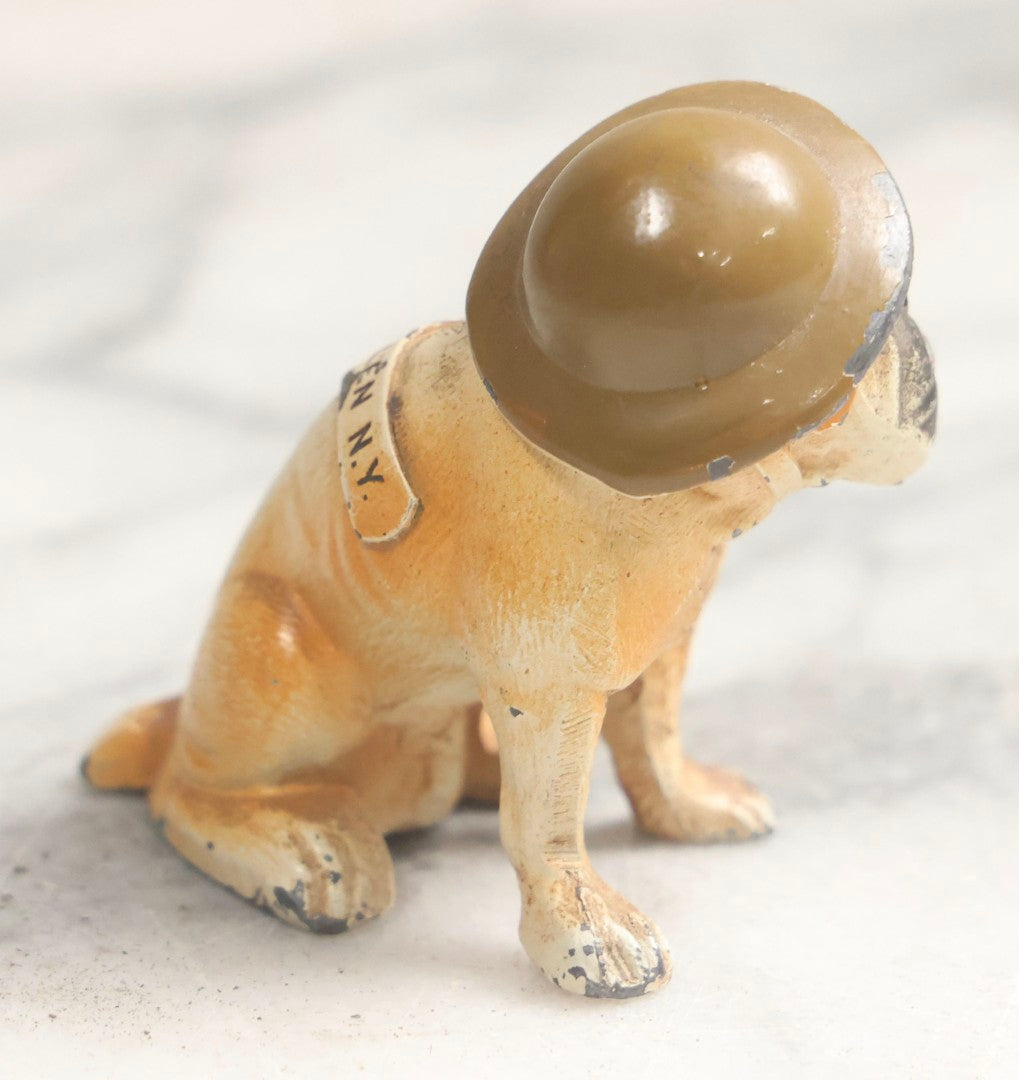 Lot 027 - Antique Cold-Painted Cast Metal Bulldog Souvenir Of Watkins Glen Wearing WWI Style Helmet
