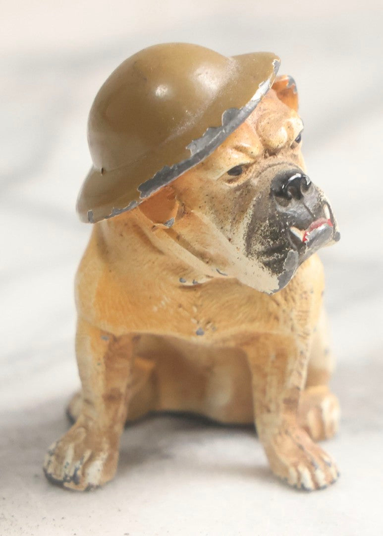 Lot 027 - Antique Cold-Painted Cast Metal Bulldog Souvenir Of Watkins Glen Wearing WWI Style Helmet