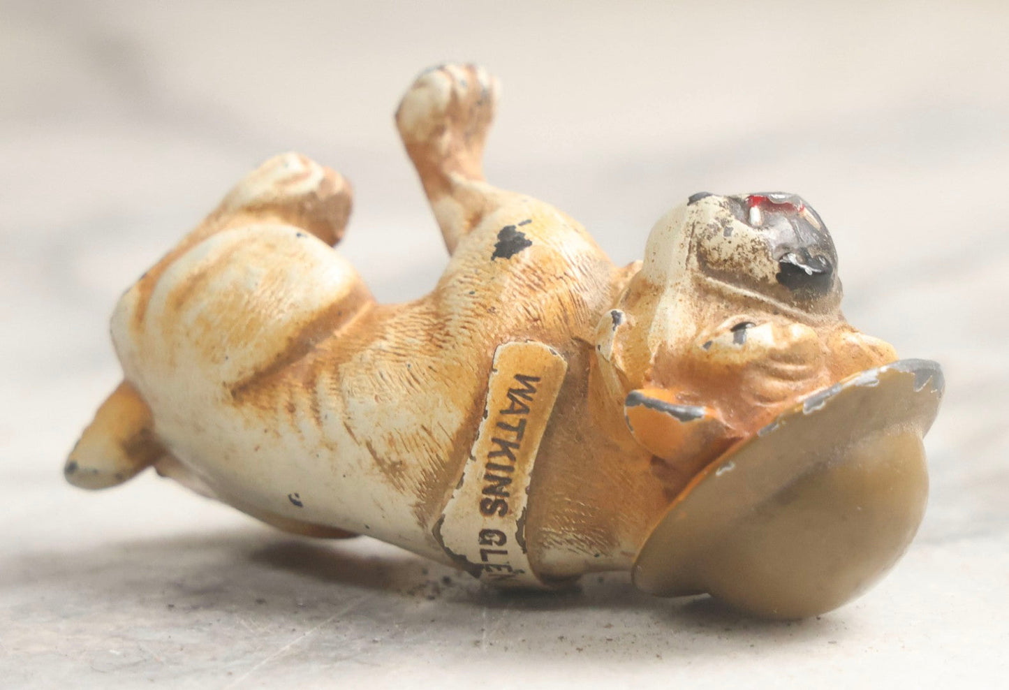 Lot 027 - Antique Cold-Painted Cast Metal Bulldog Souvenir Of Watkins Glen Wearing WWI Style Helmet