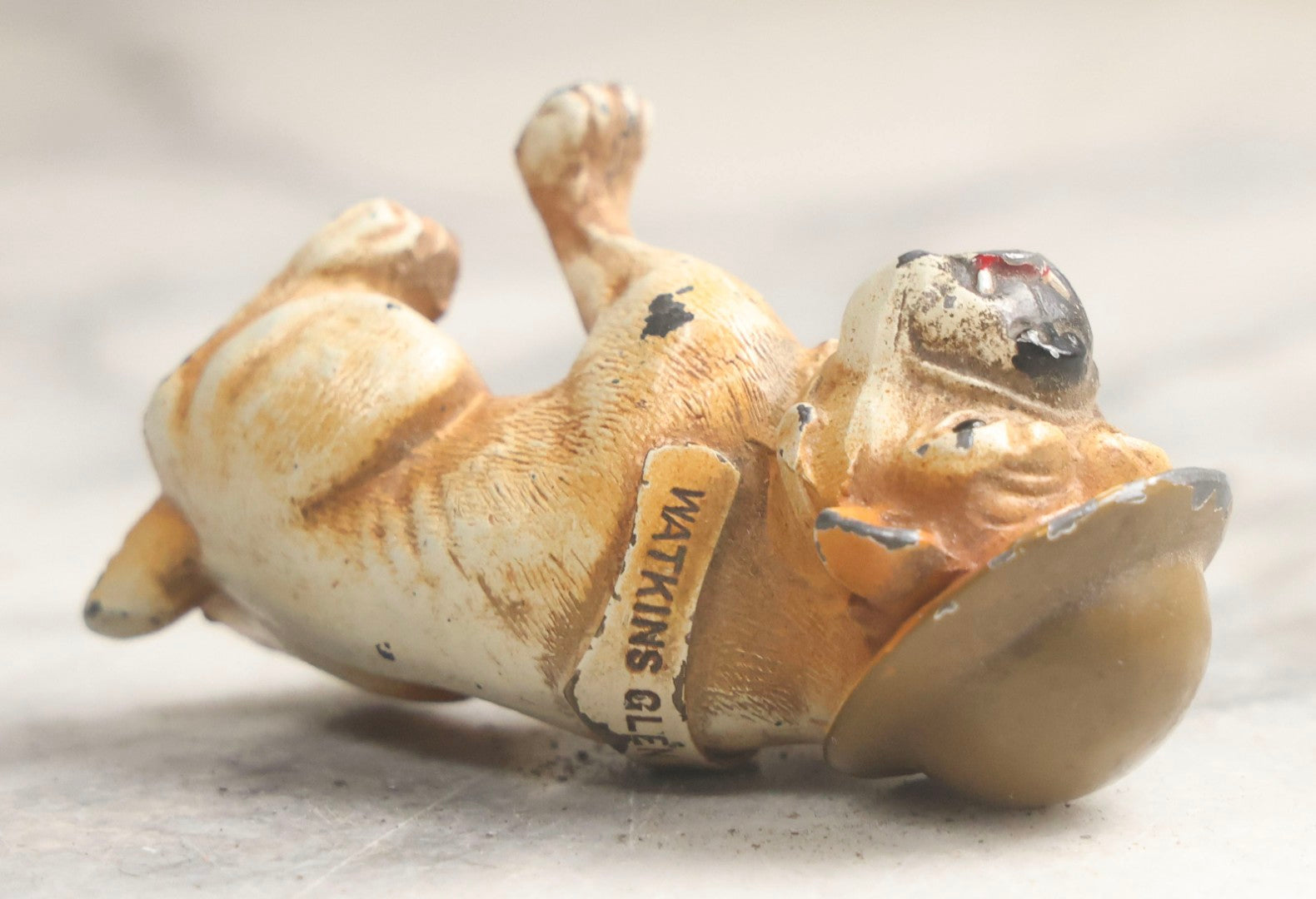 Lot 027 - Antique Cold-Painted Cast Metal Bulldog Souvenir Of Watkins Glen Wearing WWI Style Helmet