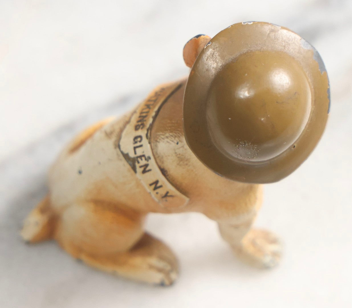 Lot 027 - Antique Cold-Painted Cast Metal Bulldog Souvenir Of Watkins Glen Wearing WWI Style Helmet