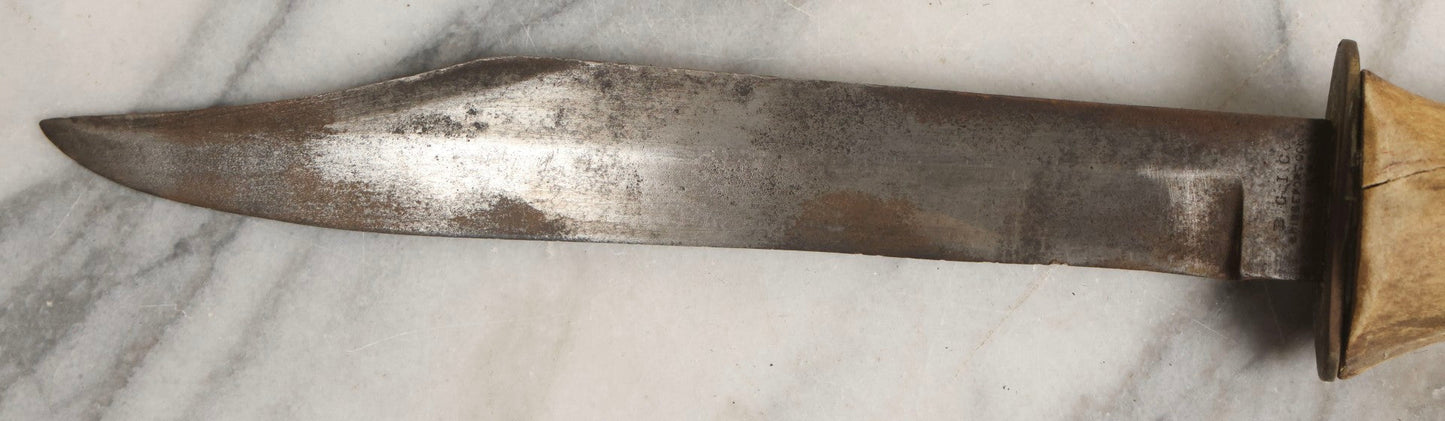 Lot 030 - Antique No. 521 8–12" Bowie Hunting Knife With Stag Antler Handle Carved “Mar Karian,” By Bridgeport Gun And Implement Company (B.G.I. Co.), Bridgeport, Connecticut, With Custom Leather Sheath
