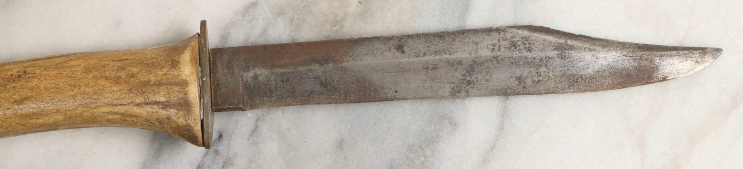 Lot 030 - Antique No. 521 8–12" Bowie Hunting Knife With Stag Antler Handle Carved “Mar Karian,” By Bridgeport Gun And Implement Company (B.G.I. Co.), Bridgeport, Connecticut, With Custom Leather Sheath