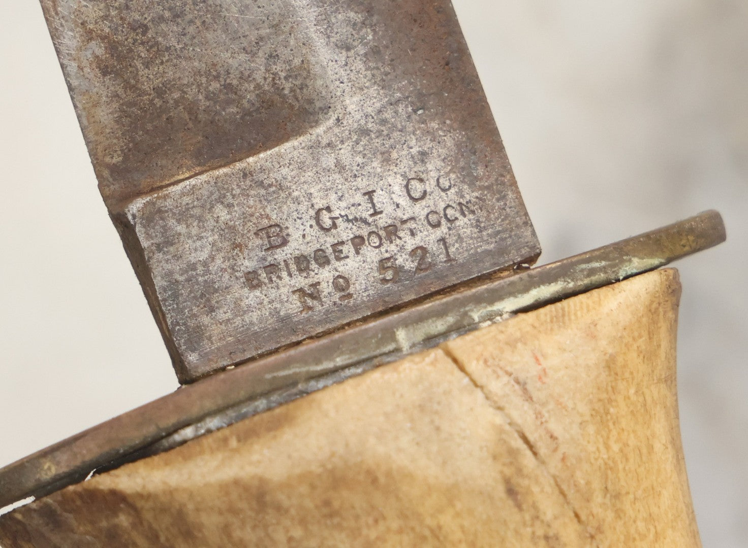 Lot 030 - Antique No. 521 8–12" Bowie Hunting Knife With Stag Antler Handle Carved “Mar Karian,” By Bridgeport Gun And Implement Company (B.G.I. Co.), Bridgeport, Connecticut, With Custom Leather Sheath