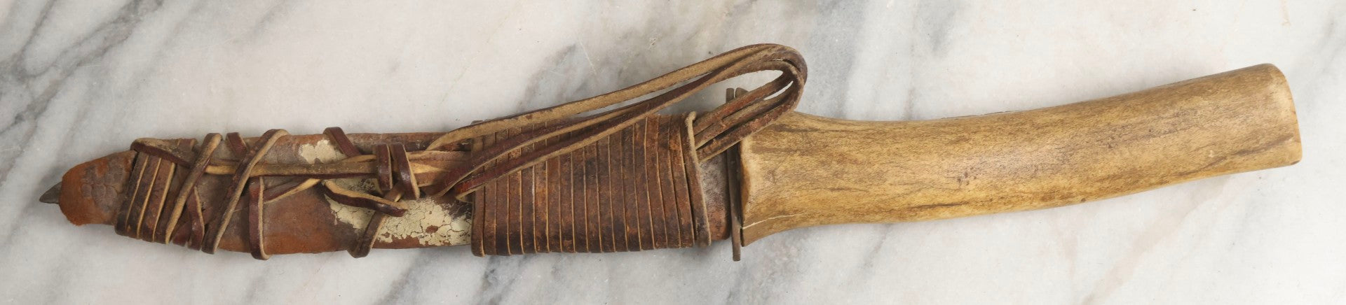 Lot 030 - Antique No. 521 8–12" Bowie Hunting Knife With Stag Antler Handle Carved “Mar Karian,” By Bridgeport Gun And Implement Company (B.G.I. Co.), Bridgeport, Connecticut, With Custom Leather Sheath