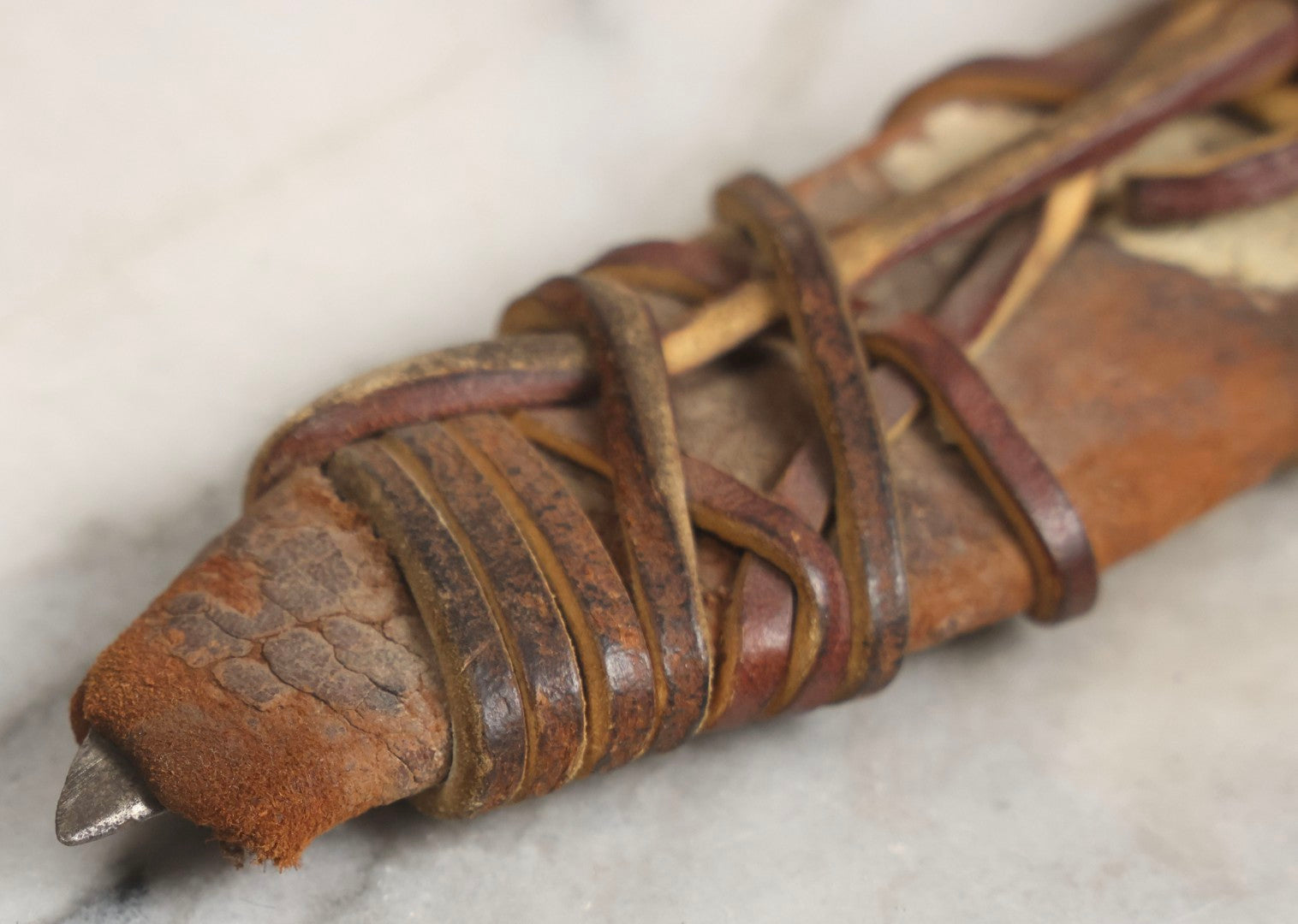 Lot 030 - Antique No. 521 8–12" Bowie Hunting Knife With Stag Antler Handle Carved “Mar Karian,” By Bridgeport Gun And Implement Company (B.G.I. Co.), Bridgeport, Connecticut, With Custom Leather Sheath