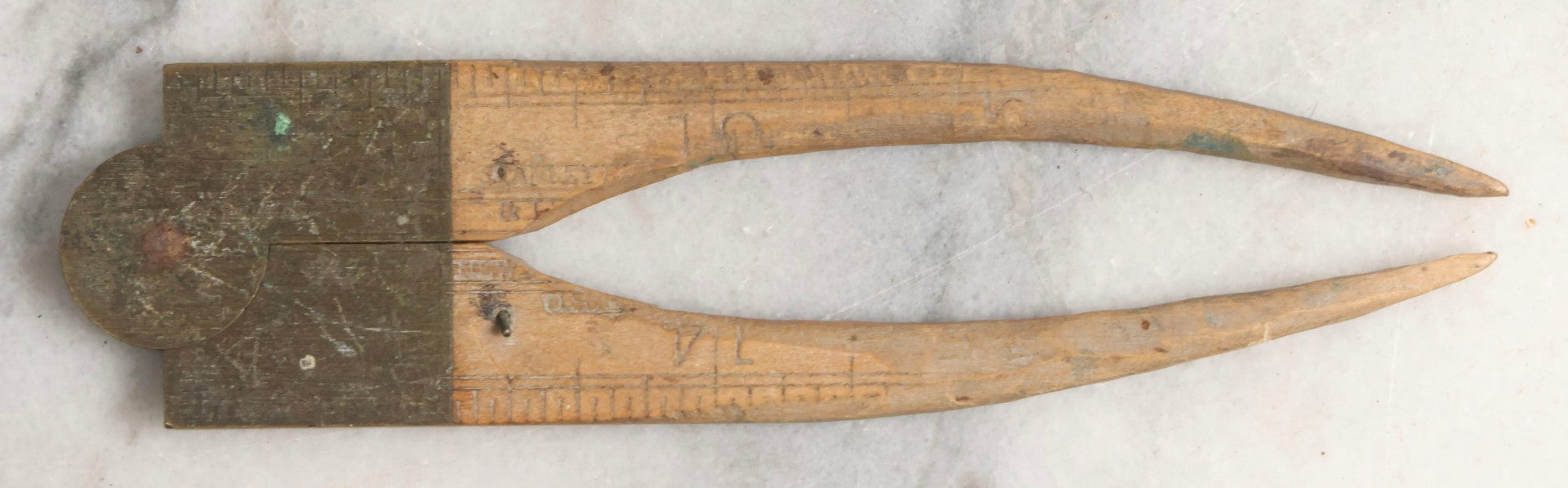 Lot 032 - Antique Make-Do Folding Stanley Ruler Converted To Caliper With Carved Pointed Wooden Ends And Brass Pivot Hardware