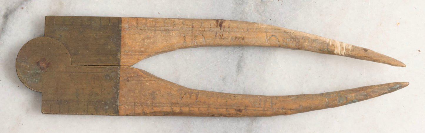 Lot 032 - Antique Make-Do Folding Stanley Ruler Converted To Caliper With Carved Pointed Wooden Ends And Brass Pivot Hardware