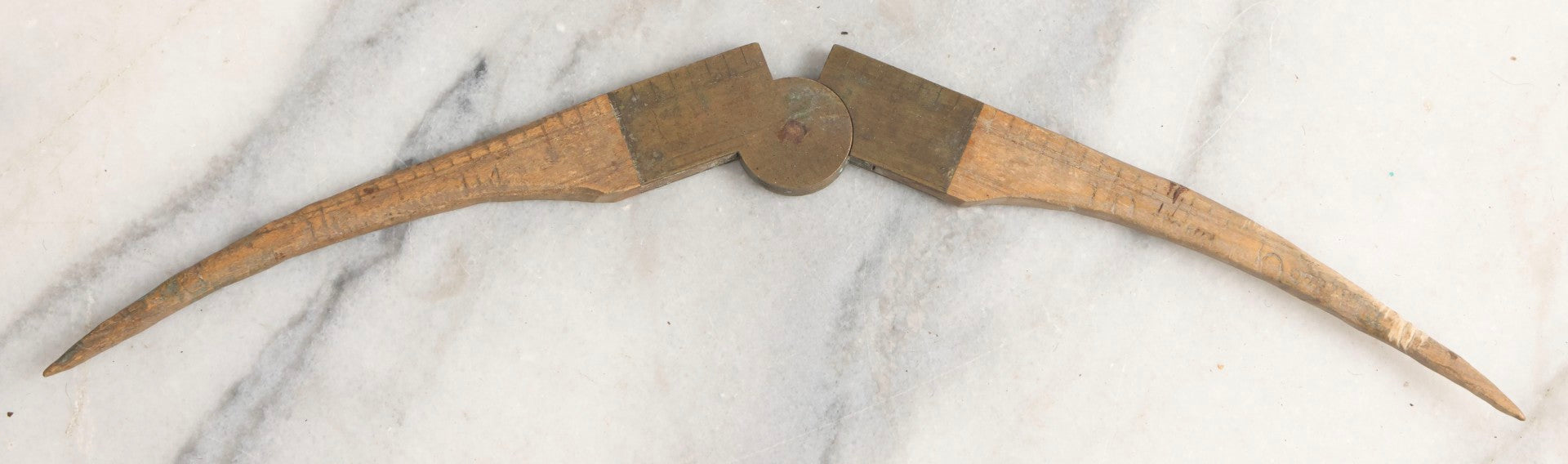 Lot 032 - Antique Make-Do Folding Stanley Ruler Converted To Caliper With Carved Pointed Wooden Ends And Brass Pivot Hardware
