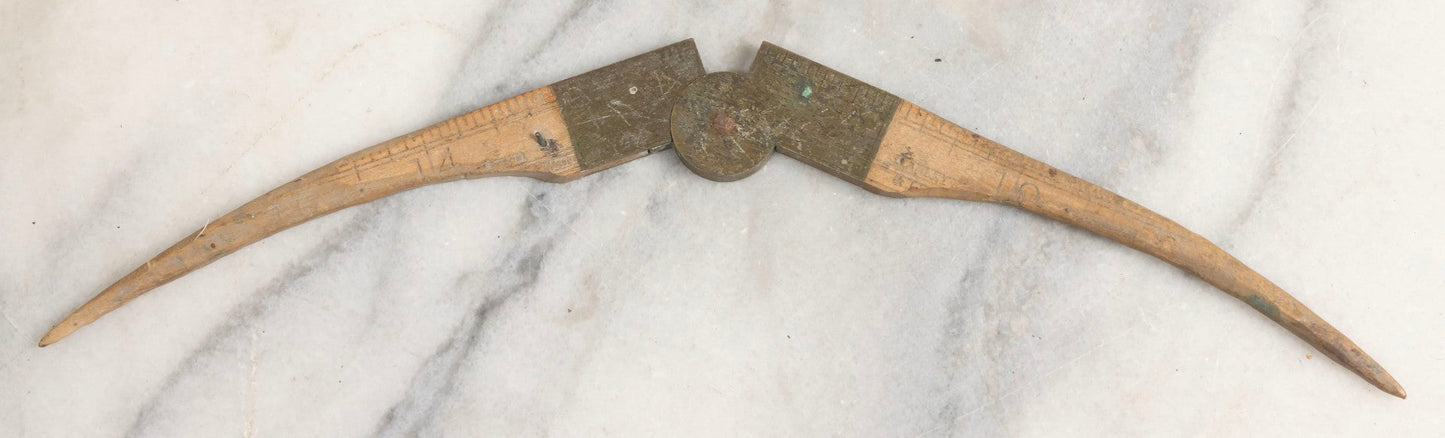 Lot 032 - Antique Make-Do Folding Stanley Ruler Converted To Caliper With Carved Pointed Wooden Ends And Brass Pivot Hardware