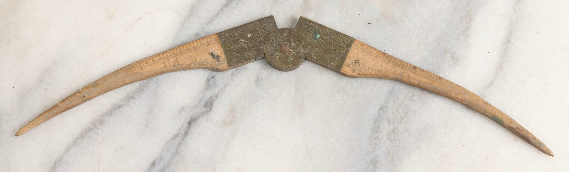 Lot 032 - Antique Make-Do Folding Stanley Ruler Converted To Caliper With Carved Pointed Wooden Ends And Brass Pivot Hardware