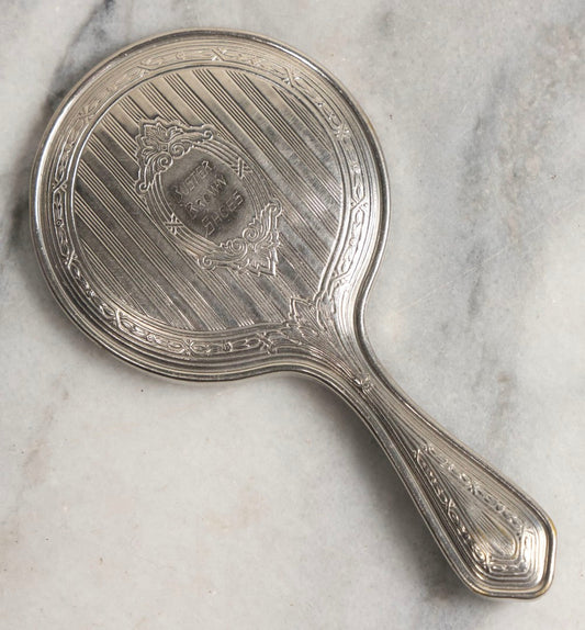 Lot 034 - Vintage Silverplate Advertising Hand Mirror For Buster Brown Shoes With Beveled Round Mirror, 4-7/8" L
