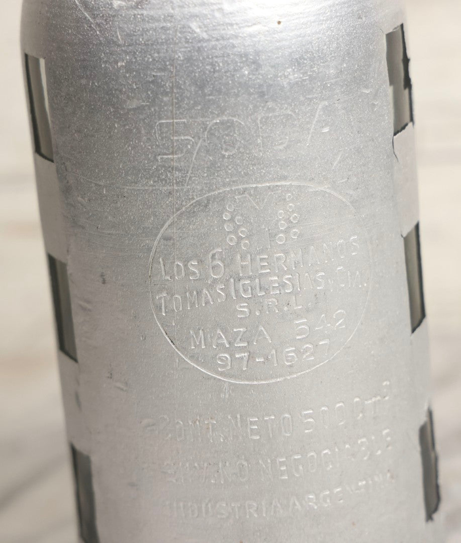 Lot 035 - Vintage Glass Soda Bottle With Aluminum Wrap For Los 6 Hermanos Soda, Tomas Iglesias, With Juan Rutar Spout