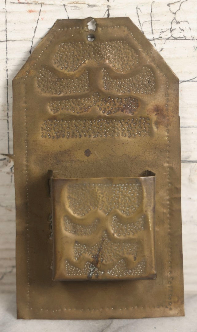 Lot 038 - Antique Hammered Brass Arts And Crafts Wall Mount Match Safe With Geometric Punched-Dot Pattern