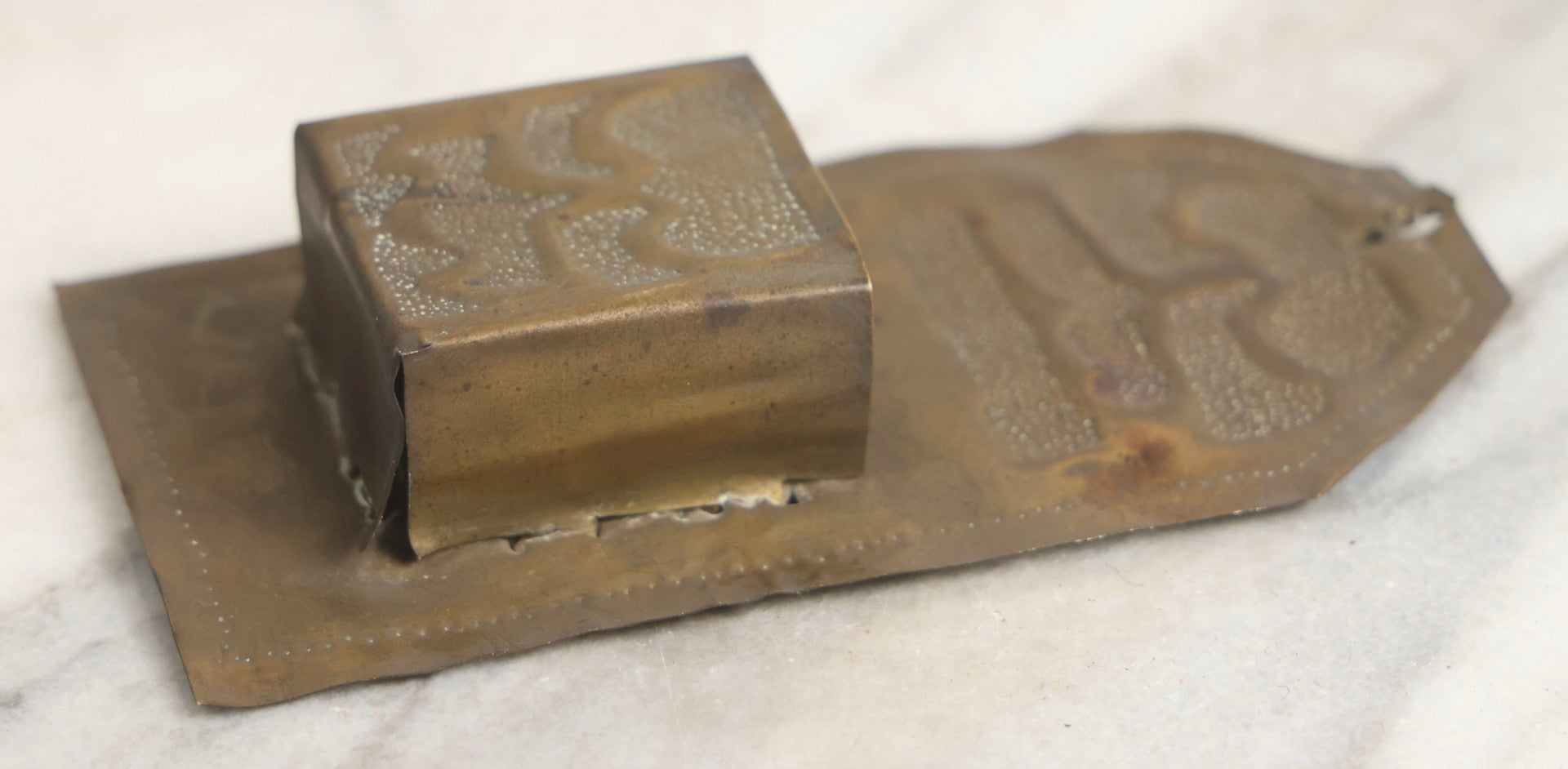 Lot 038 - Antique Hammered Brass Arts And Crafts Wall Mount Match Safe With Geometric Punched-Dot Pattern