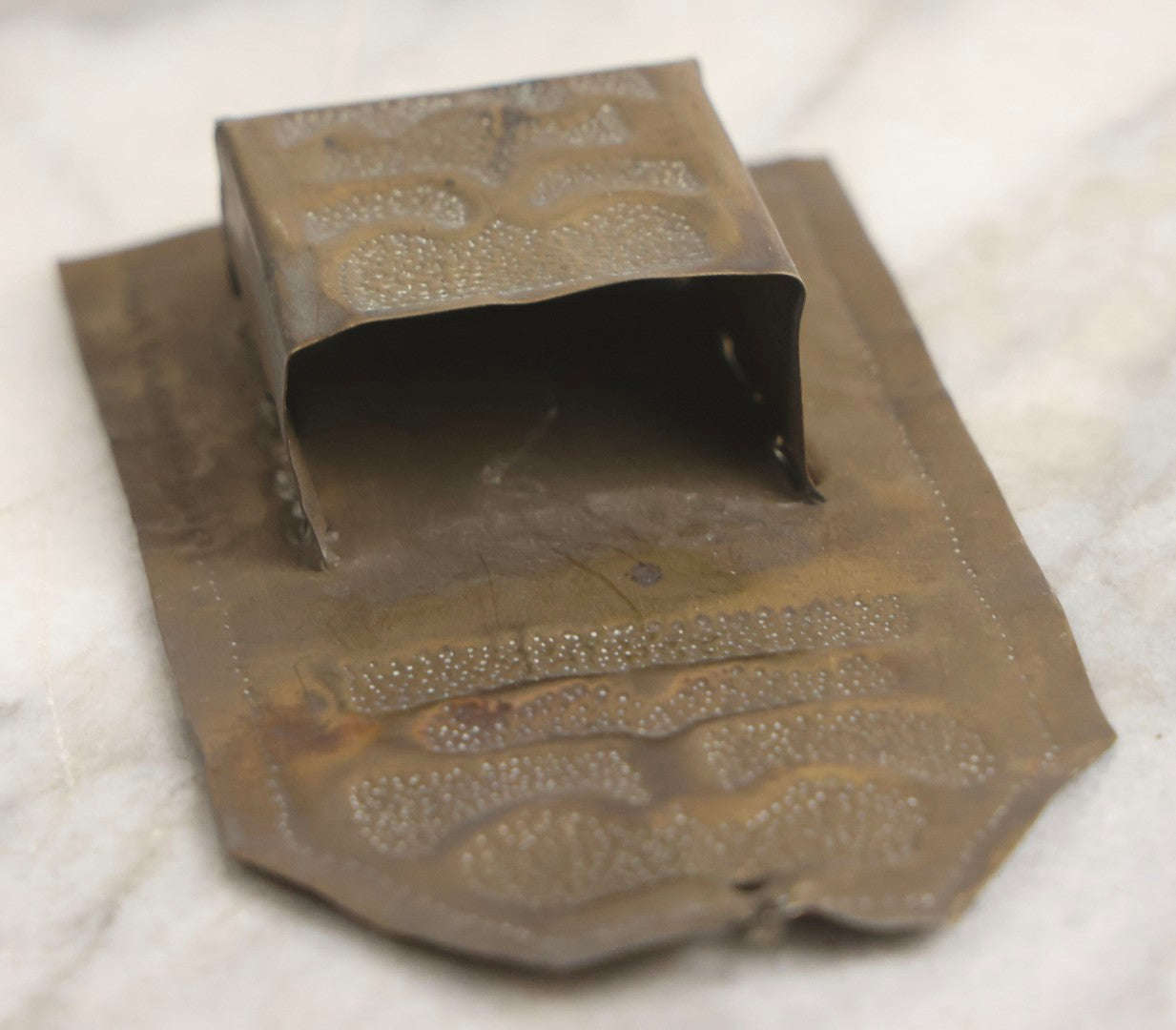 Lot 038 - Antique Hammered Brass Arts And Crafts Wall Mount Match Safe With Geometric Punched-Dot Pattern