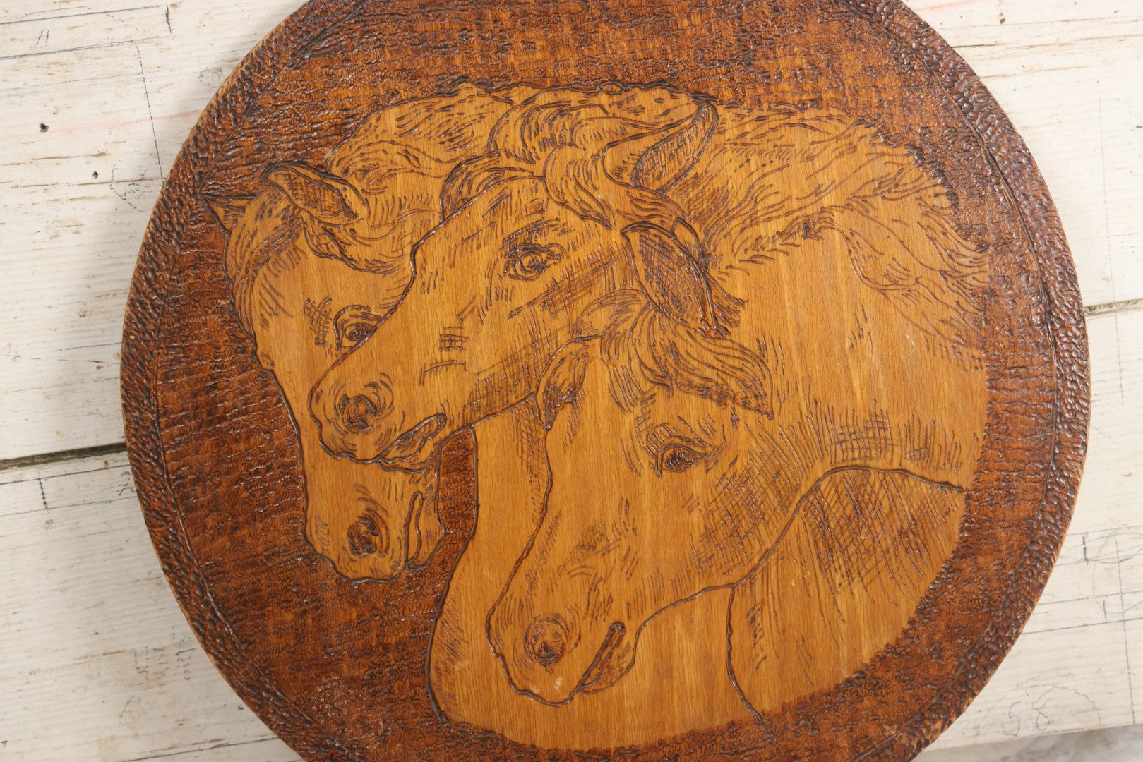 Lot 040 - Antique Pyrography Wood Plaque Depicting Pharaoh's Horses, 18" Diameter