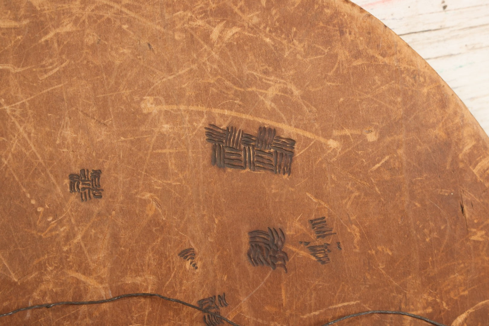 Lot 040 - Antique Pyrography Wood Plaque Depicting Pharaoh's Horses, 18" Diameter