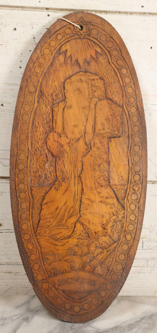 Lot 041 - Antique Pyrography Wood Plaque Depicting Rock Of Ages With Mason County Fair Award Ribbons, Flemish Art Company, New York, 1921, 9-1/4" x 20-1/2"