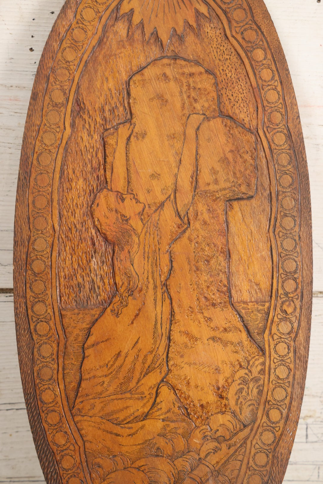 Lot 041 - Antique Pyrography Wood Plaque Depicting Rock Of Ages With Mason County Fair Award Ribbons, Flemish Art Company, New York, 1921, 9-1/4" x 20-1/2"