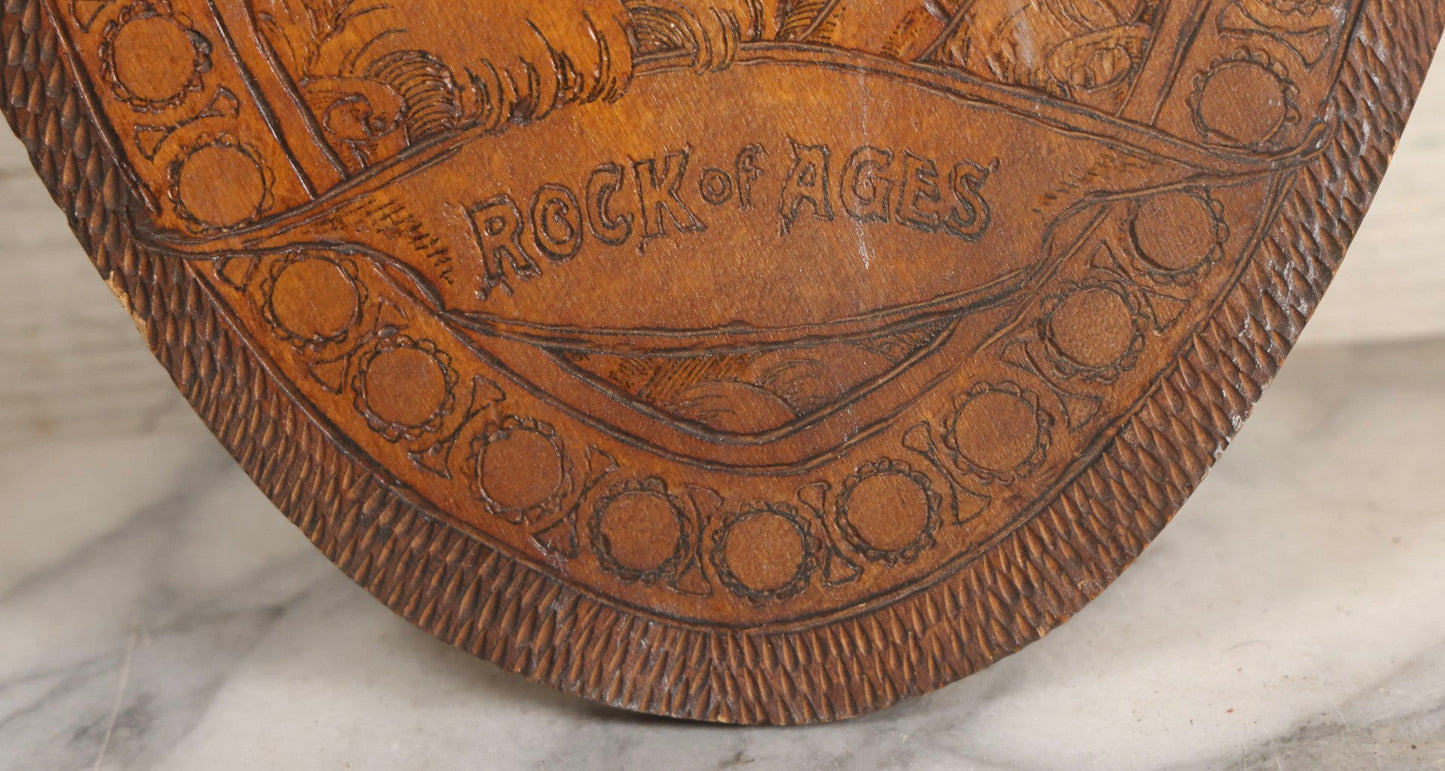 Lot 041 - Antique Pyrography Wood Plaque Depicting Rock Of Ages With Mason County Fair Award Ribbons, Flemish Art Company, New York, 1921, 9-1/4" x 20-1/2"