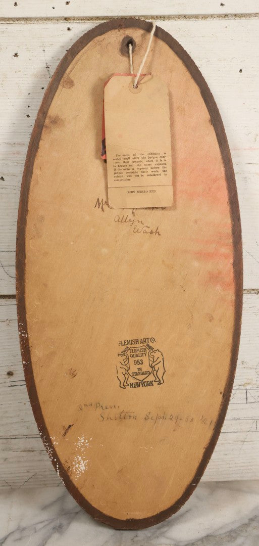 Lot 041 - Antique Pyrography Wood Plaque Depicting Rock Of Ages With Mason County Fair Award Ribbons, Flemish Art Company, New York, 1921, 9-1/4" x 20-1/2"