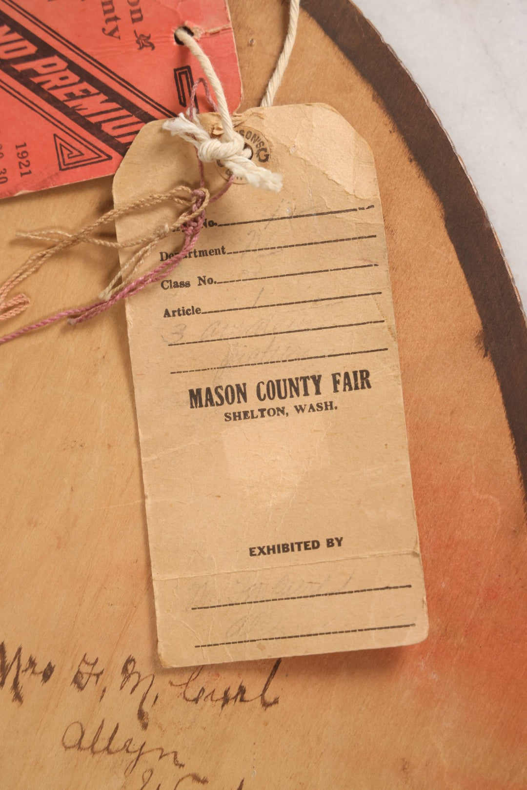 Lot 041 - Antique Pyrography Wood Plaque Depicting Rock Of Ages With Mason County Fair Award Ribbons, Flemish Art Company, New York, 1921, 9-1/4" x 20-1/2"