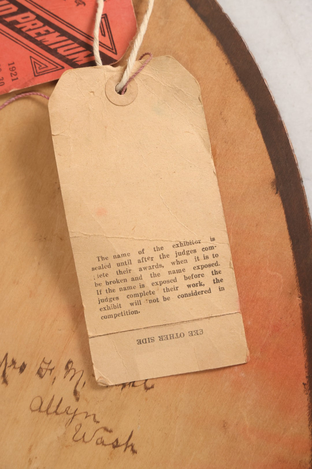 Lot 041 - Antique Pyrography Wood Plaque Depicting Rock Of Ages With Mason County Fair Award Ribbons, Flemish Art Company, New York, 1921, 9-1/4" x 20-1/2"