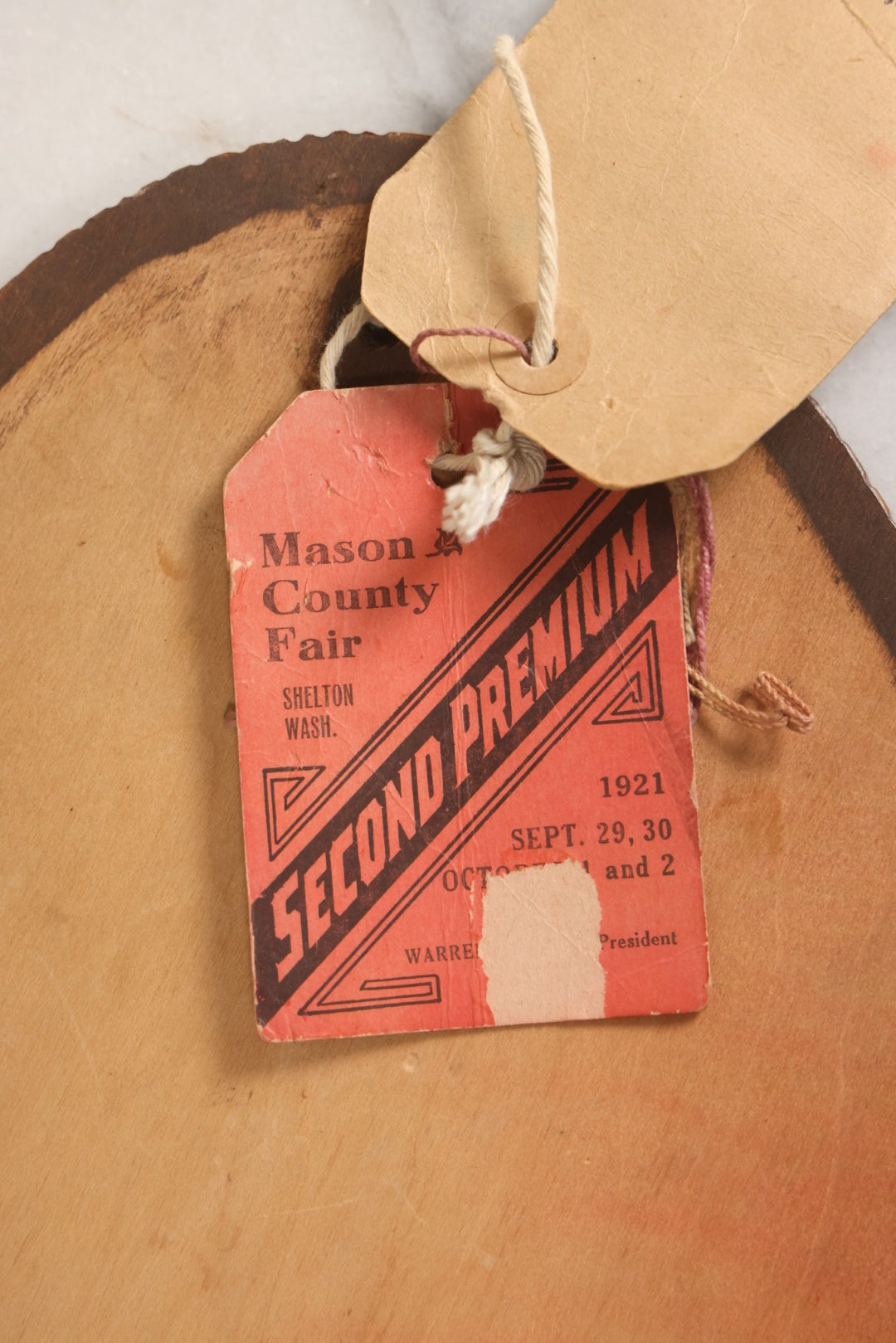 Lot 041 - Antique Pyrography Wood Plaque Depicting Rock Of Ages With Mason County Fair Award Ribbons, Flemish Art Company, New York, 1921, 9-1/4" x 20-1/2"