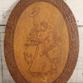 Lot 043 - Antique Pyrography Wood Plaque Depicting Gibson Girl Golfer, Period Dress, Hat Raised In The Air, With Decorative Border Design, 9-3/4" x 10-1/2"