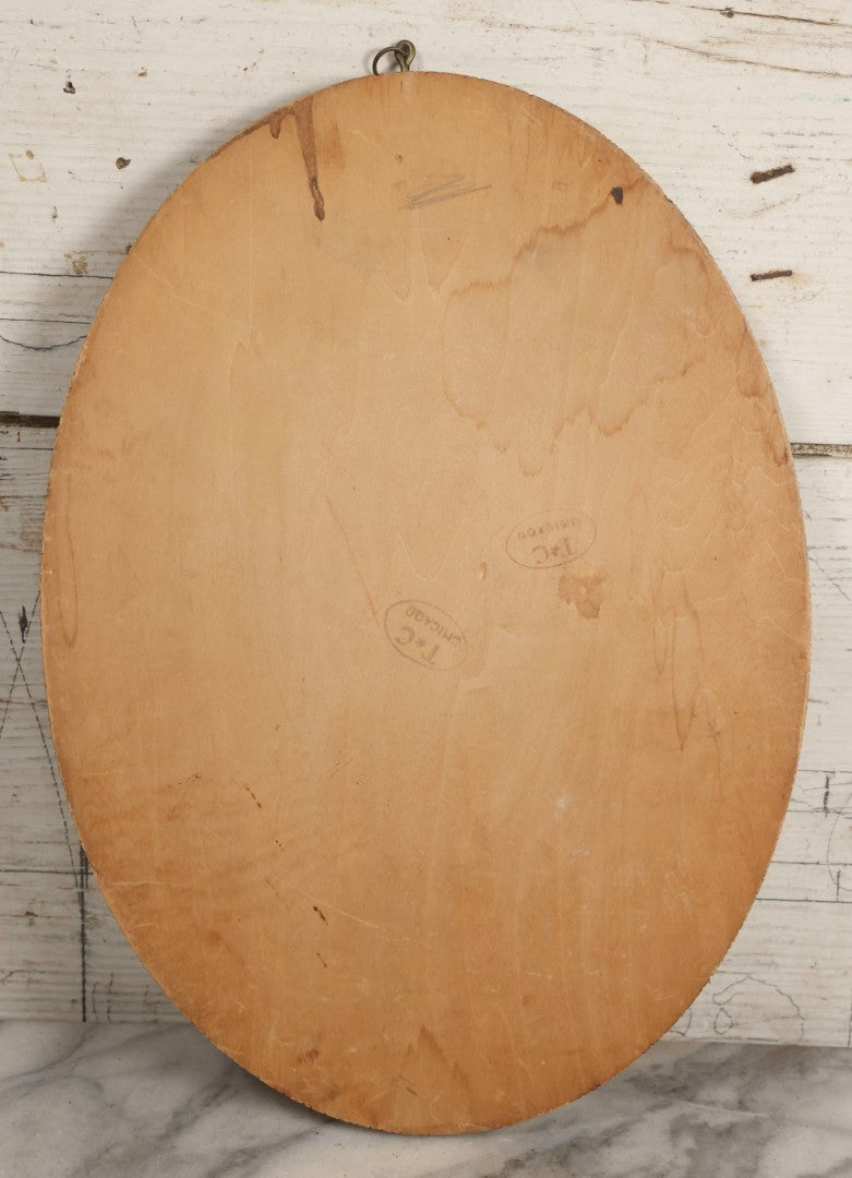 Lot 043 - Antique Pyrography Wood Plaque Depicting Gibson Girl Golfer, Period Dress, Hat Raised In The Air, With Decorative Border Design, 9-3/4" x 10-1/2"