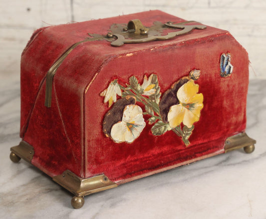 Lot 044 - Antique Rigid Red Velvet Ladies' Purse With Fold-Down Sides, Interior Mirror, Tufted Cushion, And Upholstered Interior