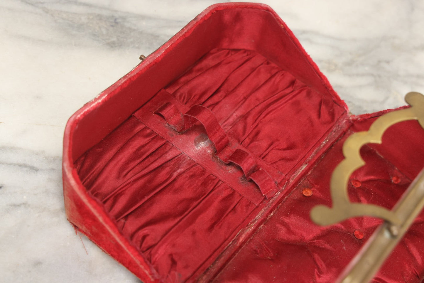 Lot 044 - Antique Rigid Red Velvet Ladies' Purse With Fold-Down Sides, Interior Mirror, Tufted Cushion, And Upholstered Interior