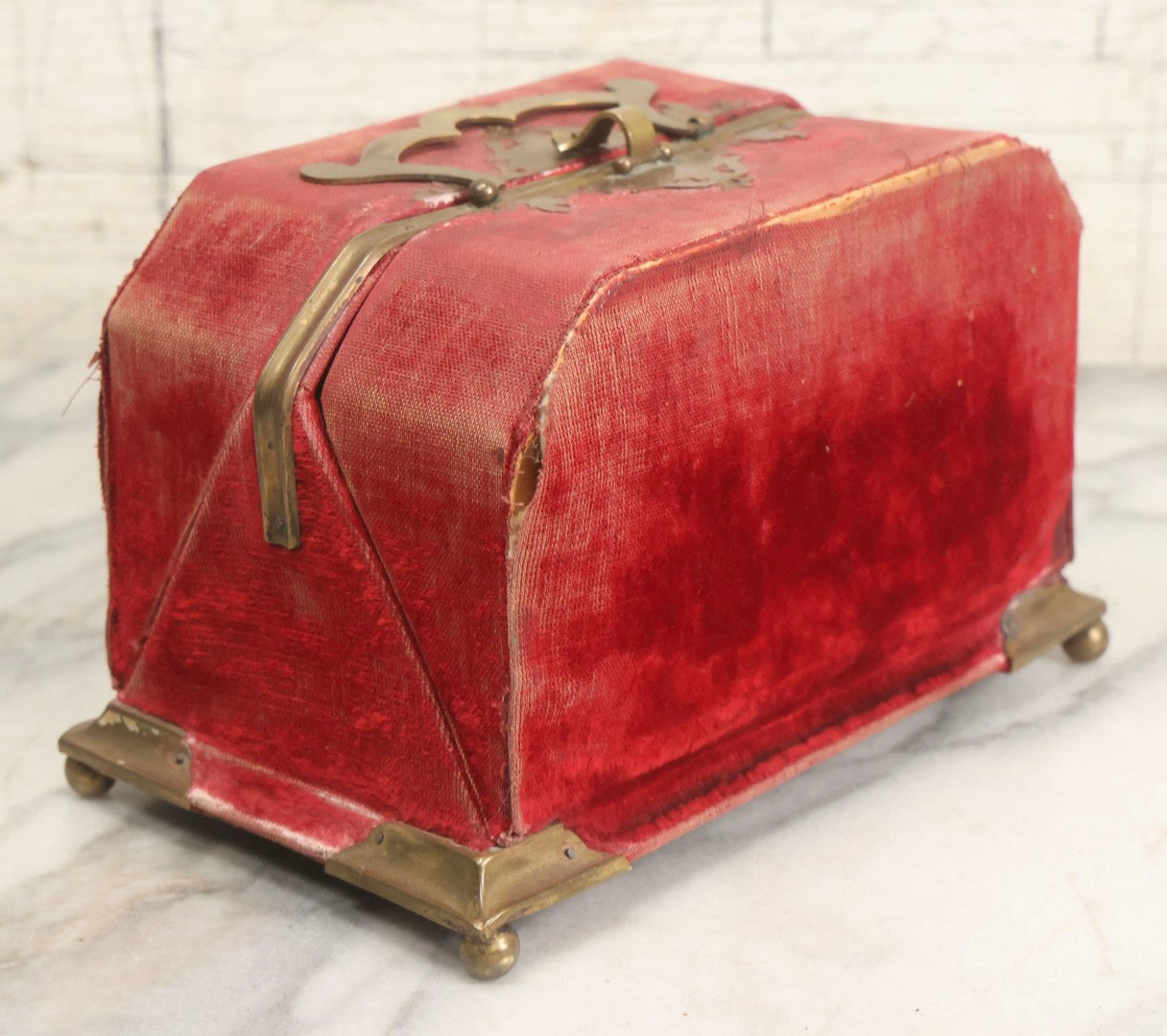 Lot 044 - Antique Rigid Red Velvet Ladies' Purse With Fold-Down Sides, Interior Mirror, Tufted Cushion, And Upholstered Interior