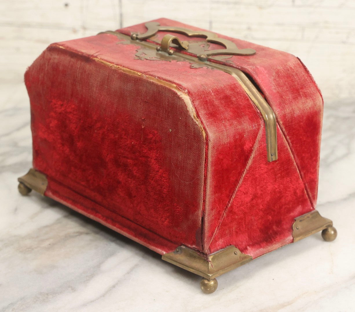 Lot 044 - Antique Rigid Red Velvet Ladies' Purse With Fold-Down Sides, Interior Mirror, Tufted Cushion, And Upholstered Interior