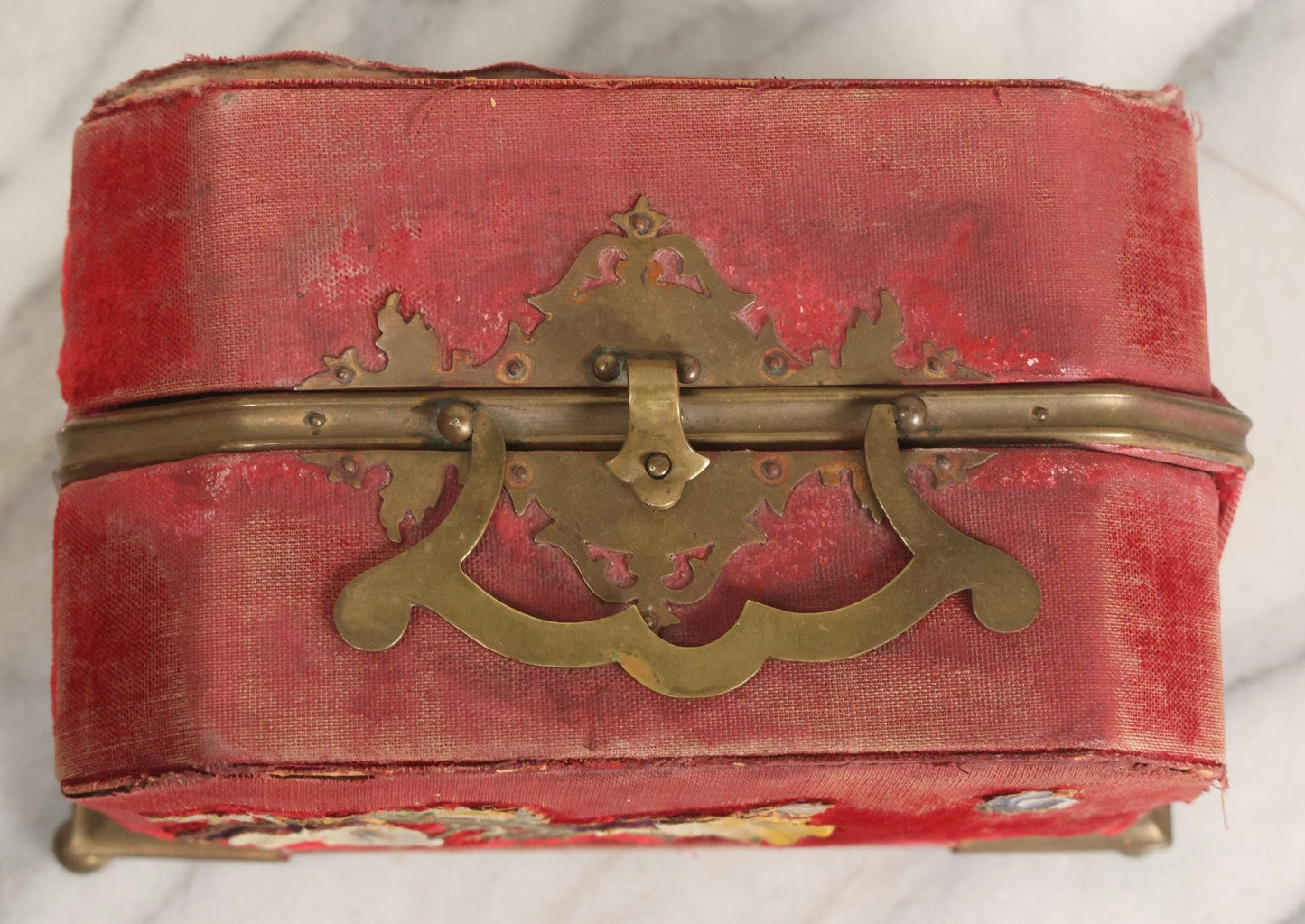 Lot 044 - Antique Rigid Red Velvet Ladies' Purse With Fold-Down Sides, Interior Mirror, Tufted Cushion, And Upholstered Interior