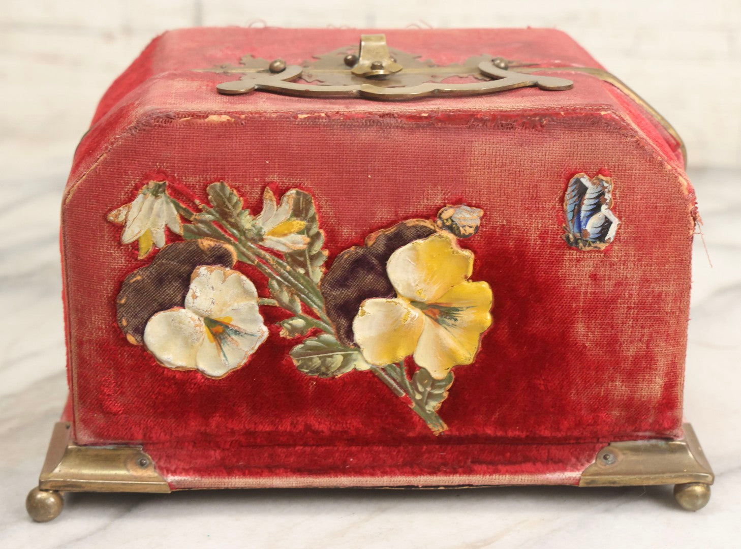 Lot 044 - Antique Rigid Red Velvet Ladies' Purse With Fold-Down Sides, Interior Mirror, Tufted Cushion, And Upholstered Interior