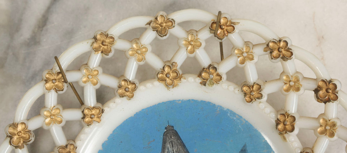 Lot 047 - Antique Milkglass Plate With Lattice Edge And Hand-Colored Transferware Image Of The Flatiron Building, New York City, With Forget-Me-Not Pattern And Brass Plate Hanger
