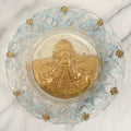 Lot 048 - Antique Goofus Glass Plate With Lattice Edge And Embossed Reverse-Painted Image Of Festival Hall And Cascade Gardens, World's Fair St. Louis 1904, With Gold- And Blue-Painted Accents, 7-3/8" Diameter