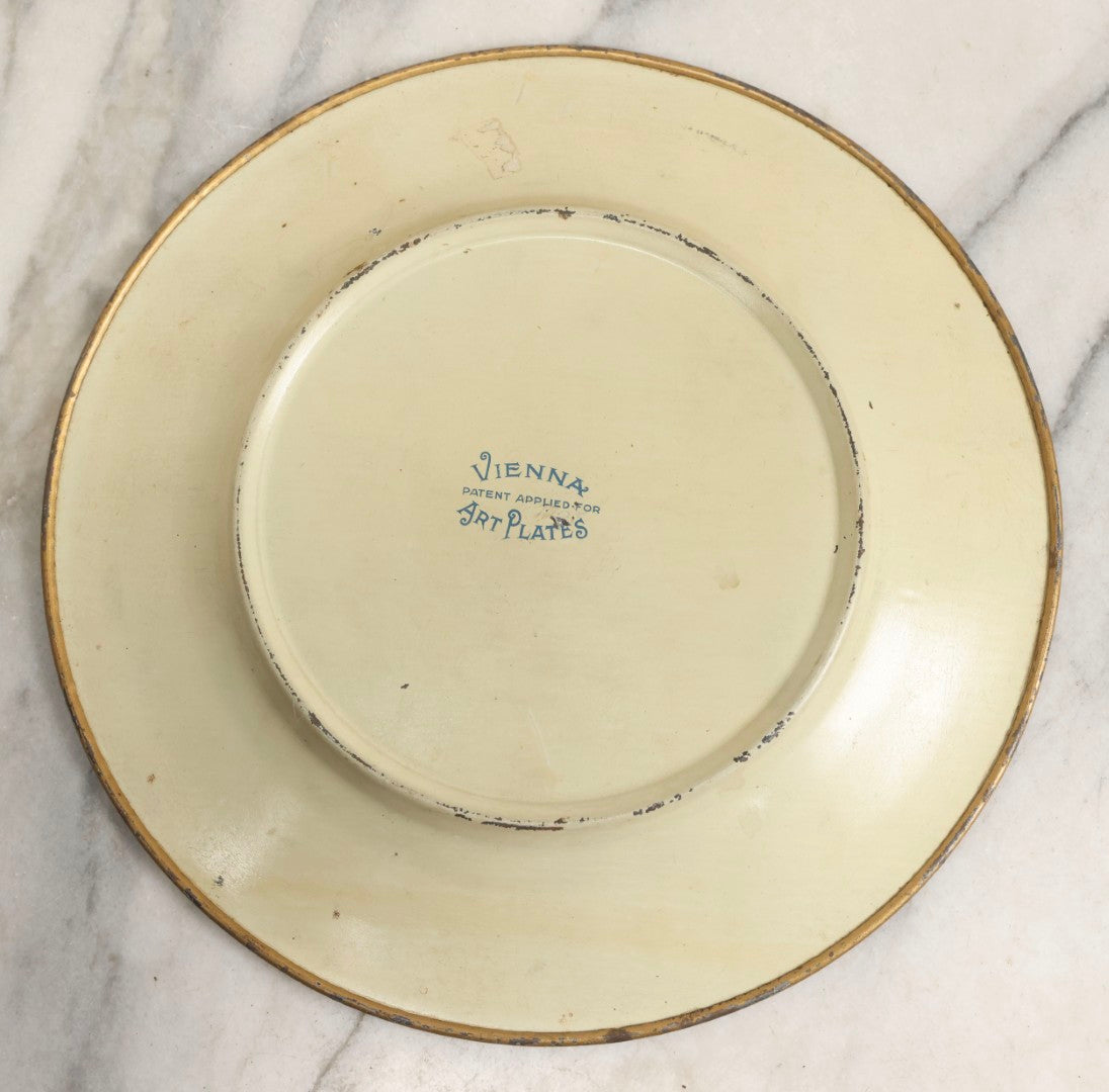 Lot 049 - Antique Vienna Art Plates Tin Lithograph Decorative Plate With Classical Maiden, Birds, And Floral Motifs, Marked “Vienna Art Plates, Patent Applied For”
