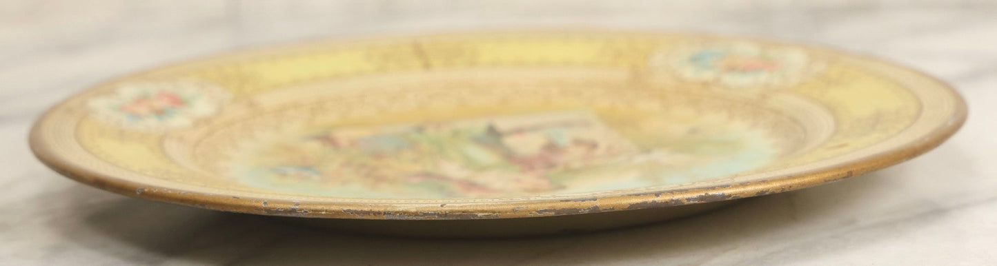 Lot 049 - Antique Vienna Art Plates Tin Lithograph Decorative Plate With Classical Maiden, Birds, And Floral Motifs, Marked “Vienna Art Plates, Patent Applied For”