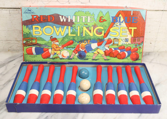 Lot 054 - Vintage Joy Brand “Red White & Blue Bowling Set” Wooden Toy Game By Artwood Toy Mfg. Co., New York, With Ten Painted Pins And Three Balls, Complete In Original Gnome-Illustrated Box