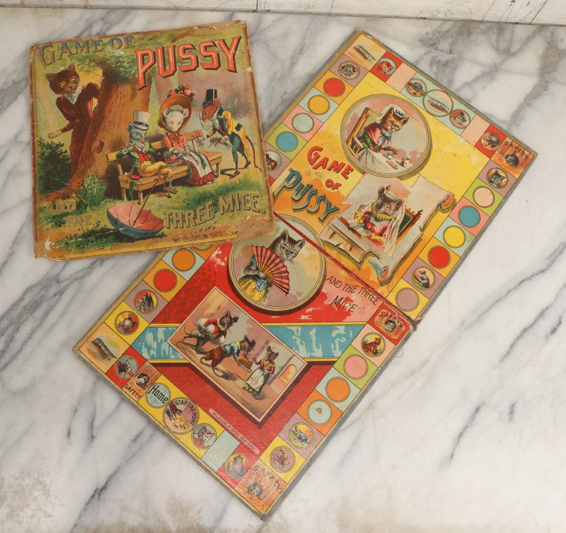 Lot 055 - Antique “Game Of Pussy And The Three Mice” Chromolithograph Box Cover And Board With Illustrated Anthropomorphic Cats And Mice, McLoughlin Bros., New York, Copyright 1890
