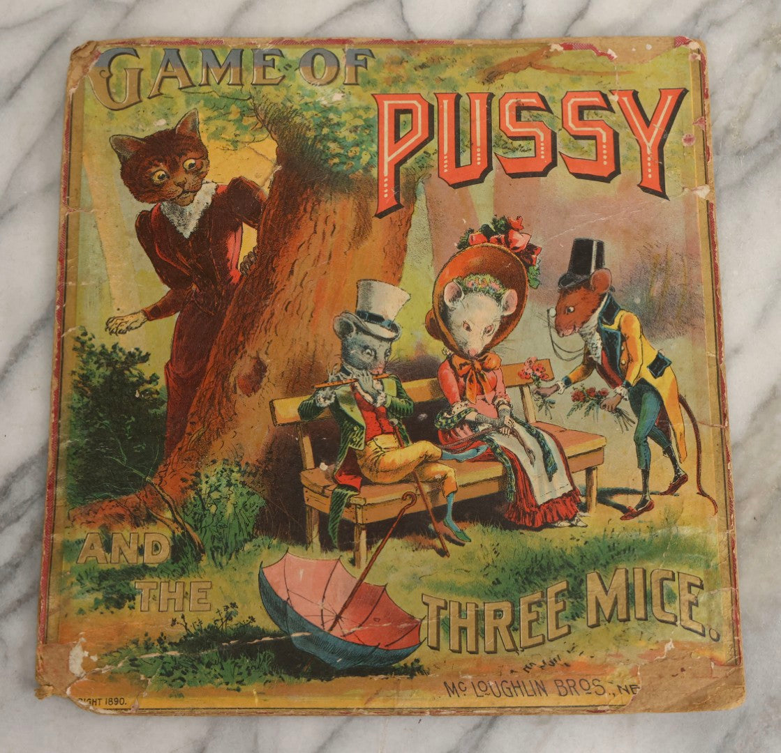 Lot 055 - Antique “Game Of Pussy And The Three Mice” Chromolithograph Box Cover And Board With Illustrated Anthropomorphic Cats And Mice, McLoughlin Bros., New York, Copyright 1890