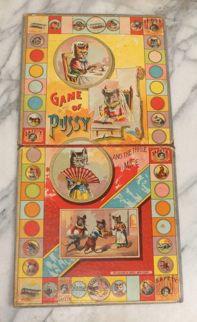 Lot 055 - Antique “Game Of Pussy And The Three Mice” Chromolithograph Box Cover And Board With Illustrated Anthropomorphic Cats And Mice, McLoughlin Bros., New York, Copyright 1890