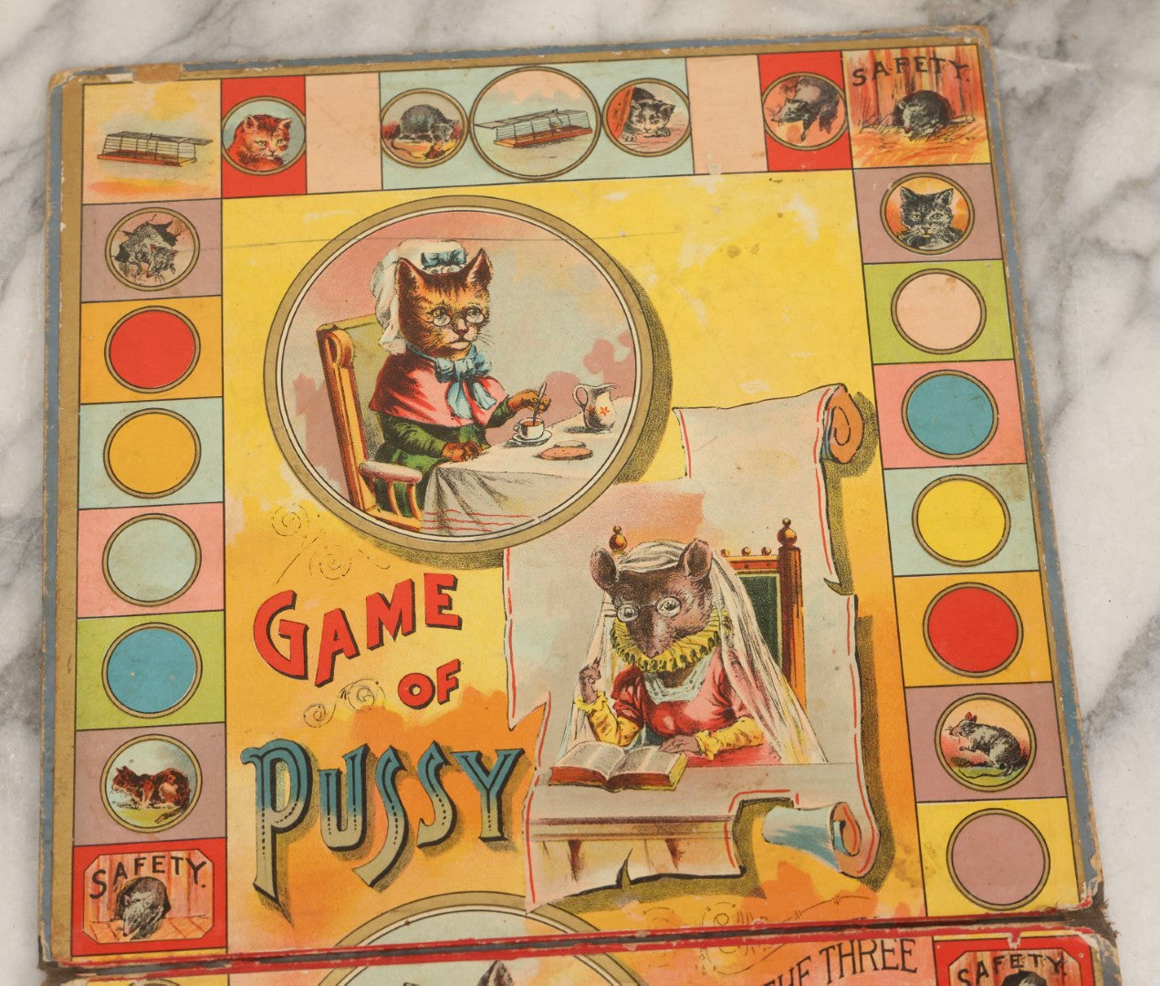 Lot 055 - Antique “Game Of Pussy And The Three Mice” Chromolithograph Box Cover And Board With Illustrated Anthropomorphic Cats And Mice, McLoughlin Bros., New York, Copyright 1890