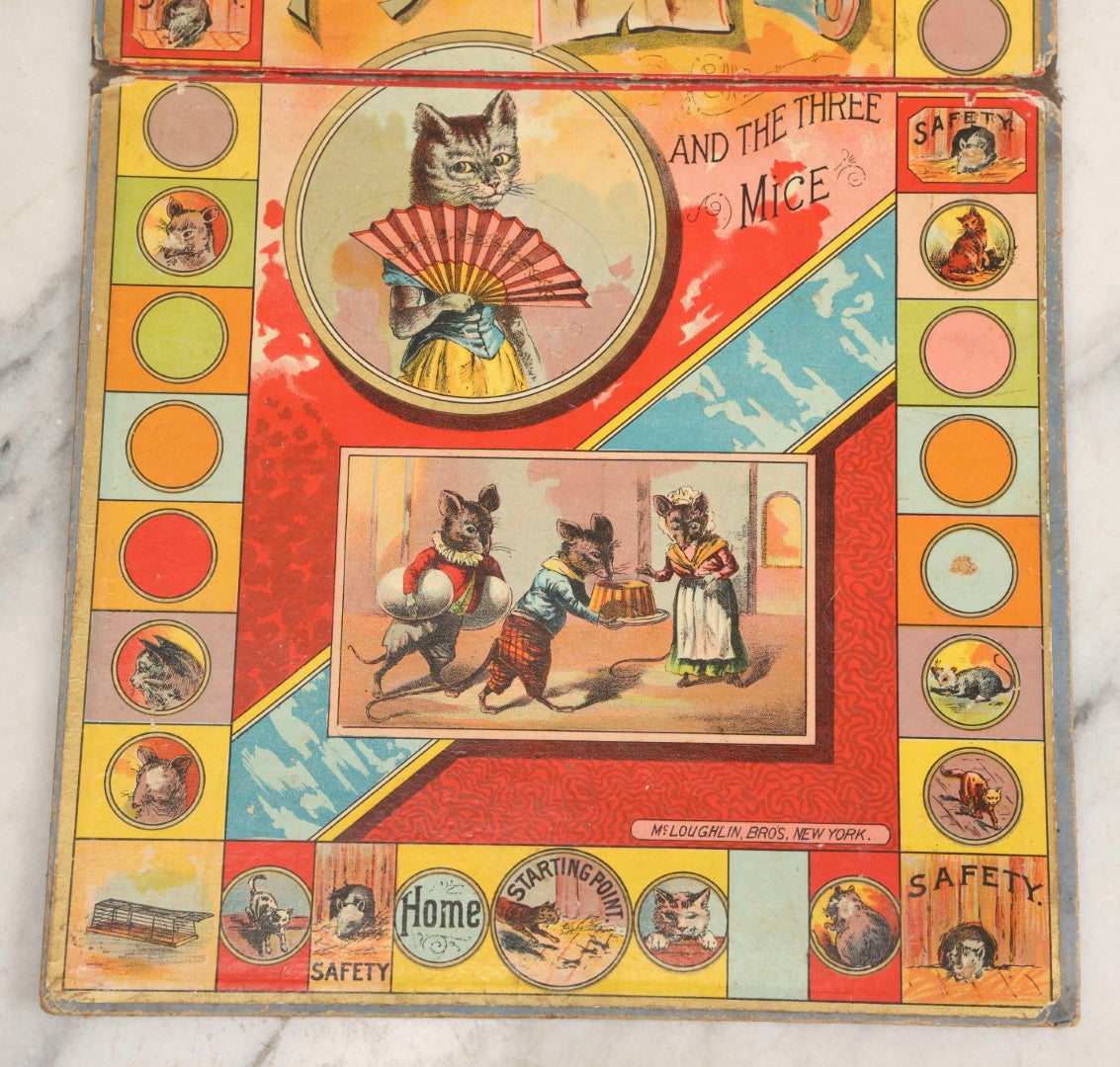 Lot 055 - Antique “Game Of Pussy And The Three Mice” Chromolithograph Box Cover And Board With Illustrated Anthropomorphic Cats And Mice, McLoughlin Bros., New York, Copyright 1890