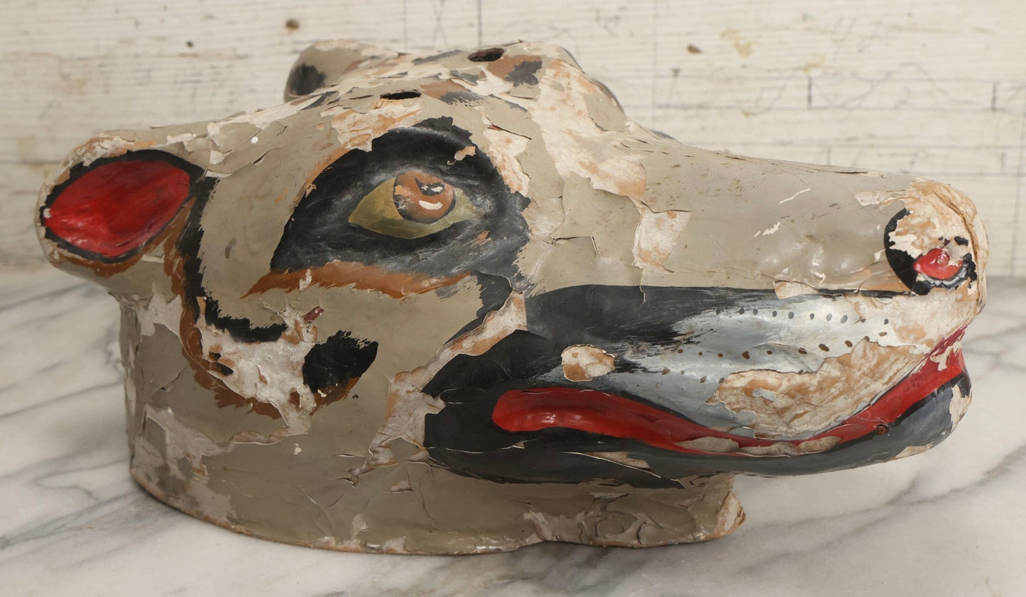 Lot 057 - Vintage Colombian Carnival Papier-Mâché Wolf Mask By Taller Horizontes Del Carnaval, Barranquilla, Heavy Flaking Paint